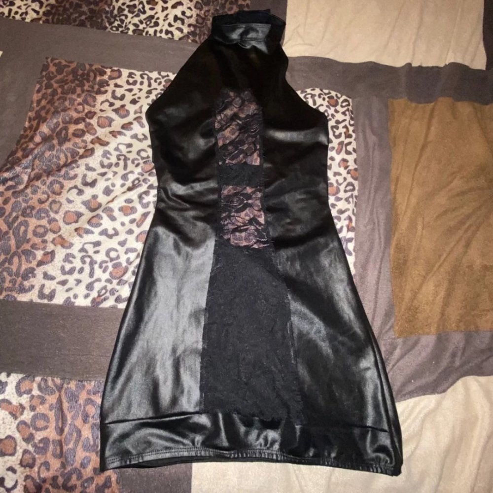 Pleather and lace black mini dress